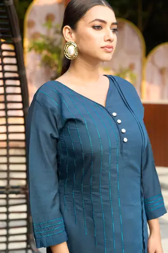 Blue color smart and elegant roman silk fabric smart looks top bottom set