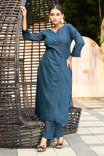 Blue color smart and elegant roman silk fabric smart looks top bottom set