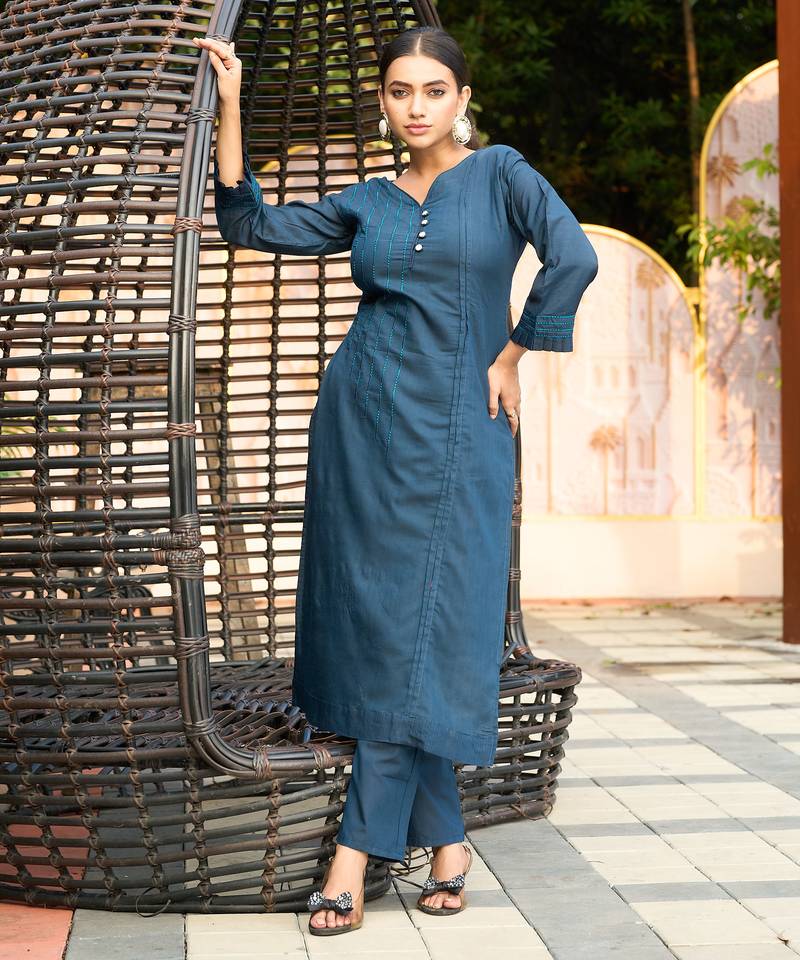 Blue color smart and elegant roman silk fabric smart looks top bottom set