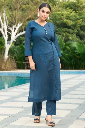 Blue color smart and elegant roman silk fabric smart looks top bottom set