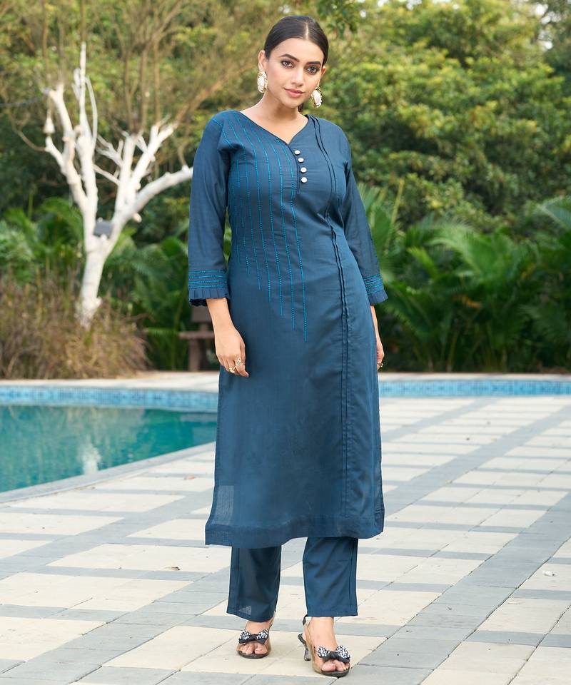 Blue color smart and elegant roman silk fabric smart looks top bottom set