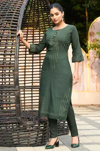 Green color smart and elegant roman silk fabric smart looks top bottom set