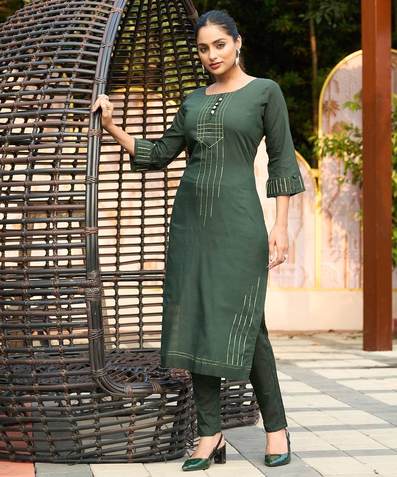 Green color smart and elegant roman silk fabric smart looks top bottom set