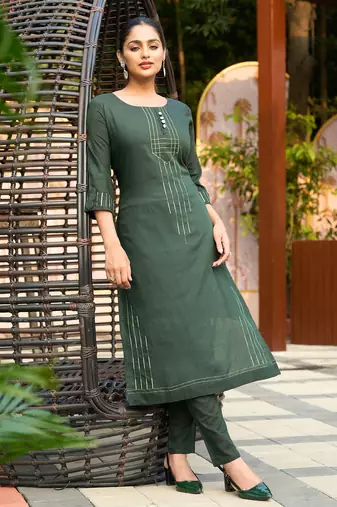 Green color smart and elegant roman silk fabric smart looks top bottom set