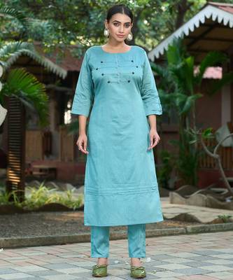 Teal color smart and elegant roman silk fabric smart looks top bottom set 1