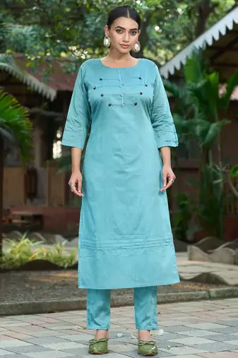 Teal color smart and elegant roman silk fabric smart looks top bottom set