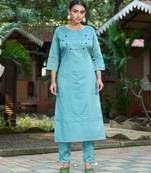 Teal color smart and elegant roman silk fabric smart looks top bottom set
