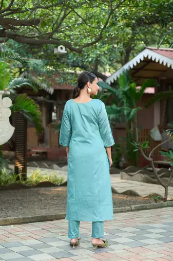 Teal color smart and elegant roman silk fabric smart looks top bottom set