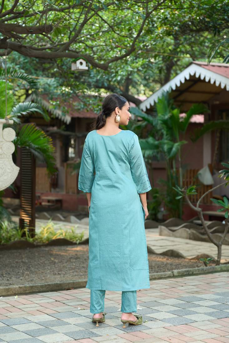 Teal color smart and elegant roman silk fabric smart looks top bottom set