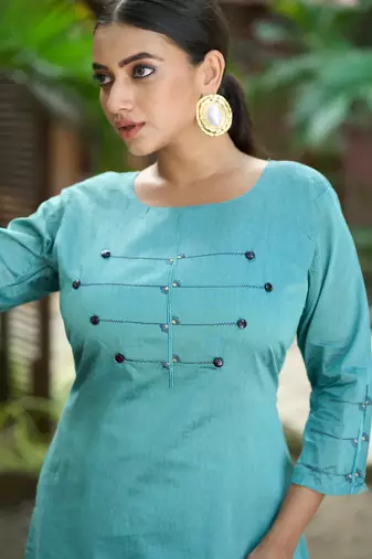 Teal color smart and elegant roman silk fabric smart looks top bottom set