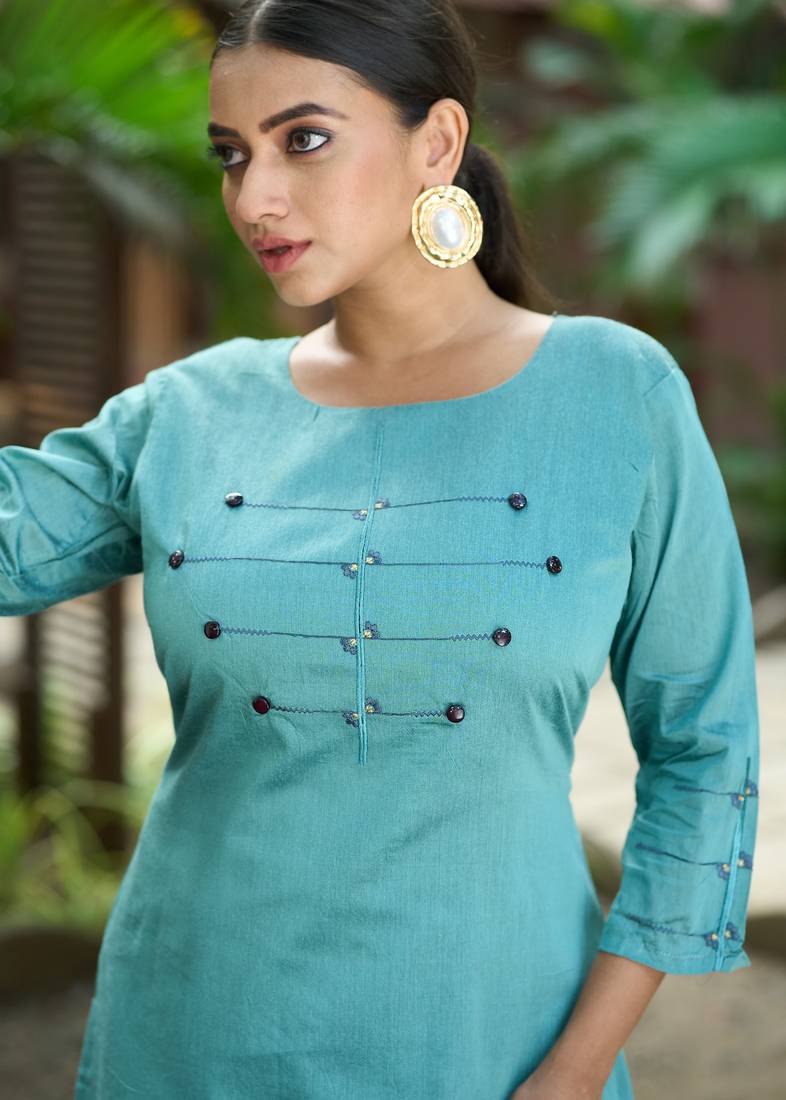 Teal color smart and elegant roman silk fabric smart looks top bottom set
