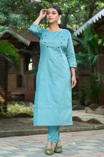 Teal color smart and elegant roman silk fabric smart looks top bottom set