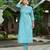 Teal color smart and elegant roman silk fabric smart looks top bottom set