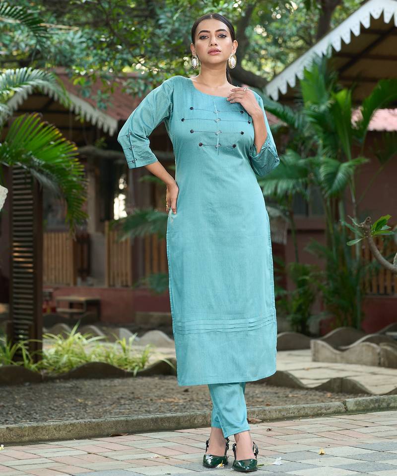 Teal color smart and elegant roman silk fabric smart looks top bottom set