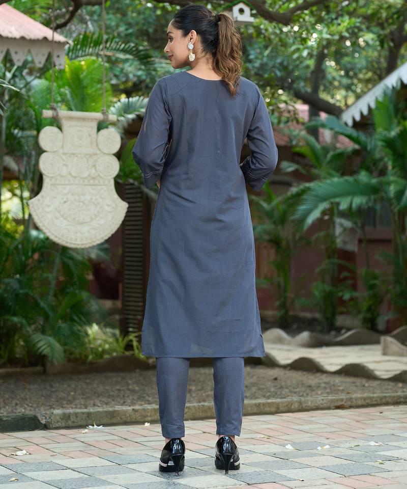 Grey color smart and elegant roman silk fabric smart looks top bottom set