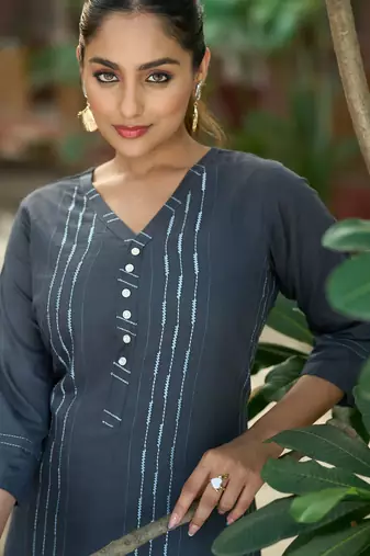 Grey color smart and elegant roman silk fabric smart looks top bottom set