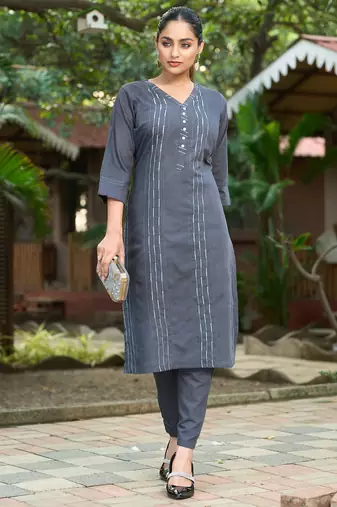 Grey color smart and elegant roman silk fabric smart looks top bottom set