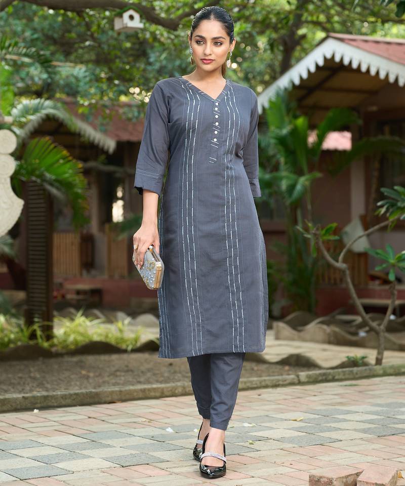 Grey color smart and elegant roman silk fabric smart looks top bottom set