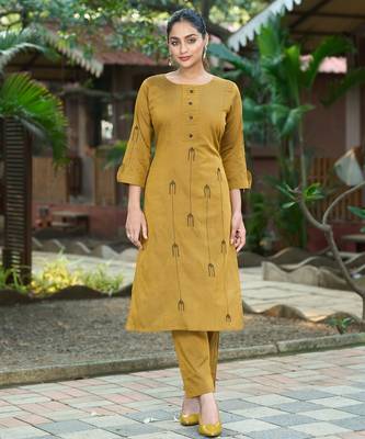 Mustard color smart and elegant roman silk fabric smart looks top bottom set 1