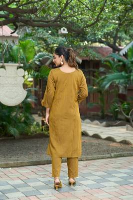 Mustard color smart and elegant roman silk fabric smart looks top bottom set 2