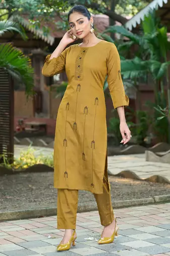 Mustard color smart and elegant roman silk fabric smart looks top bottom set