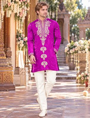 Purple embroidery work roman straight kurta 1