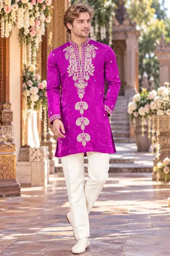Purple embroidery work roman straight kurta