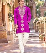 Purple embroidery work roman straight kurta