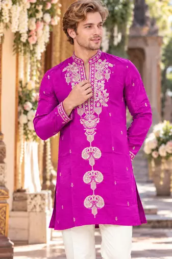 Purple embroidery work roman straight kurta