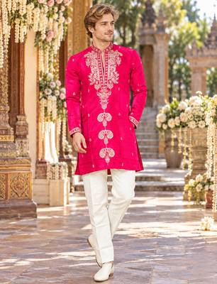 Pink embroidery work roman straight kurta 1