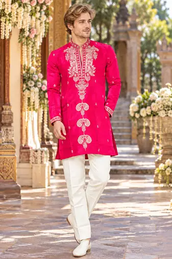 Pink embroidery work roman straight kurta