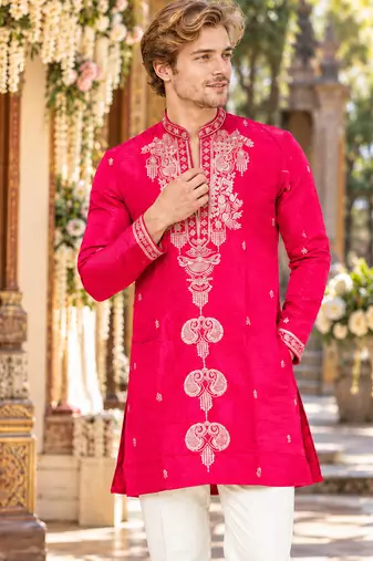 Pink embroidery work roman straight kurta