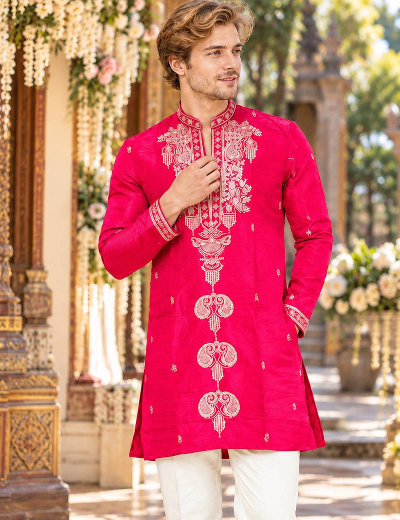 Pink embroidery work roman straight kurta
