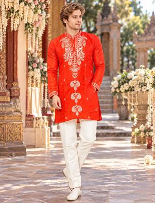 Orange embroidery work roman straight kurta 1