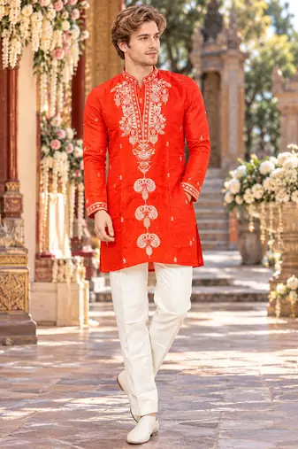 Orange embroidery work roman straight kurta