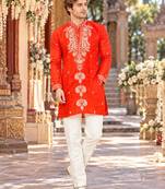 Orange embroidery work roman straight kurta