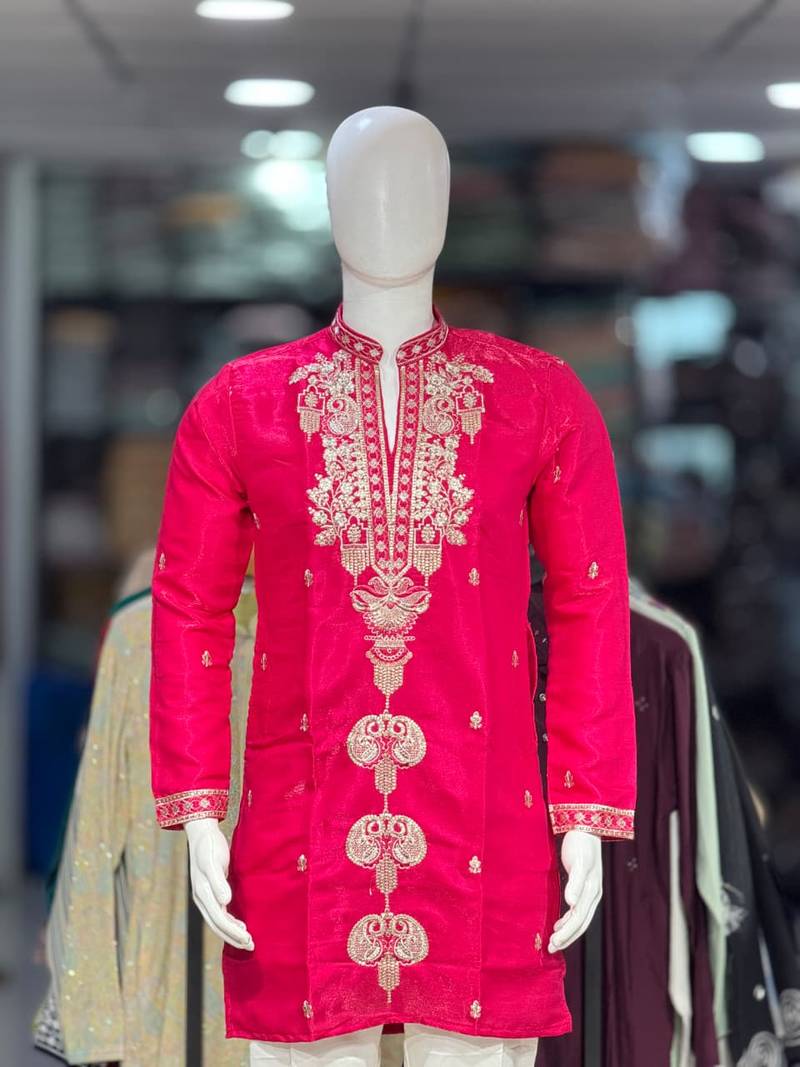Pink embroidery work roman straight kurta