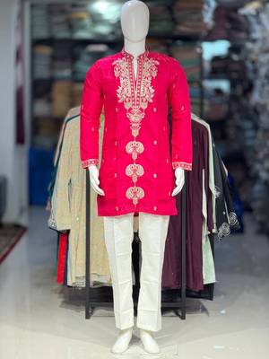 Pink embroidery work roman straight kurta 4