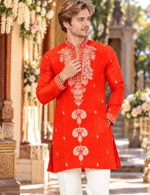 Orange embroidery work roman straight kurta 2