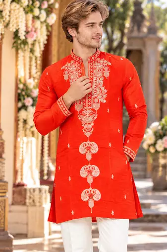 Orange embroidery work roman straight kurta