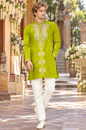 Parrot green embroidery work roman straight kurta