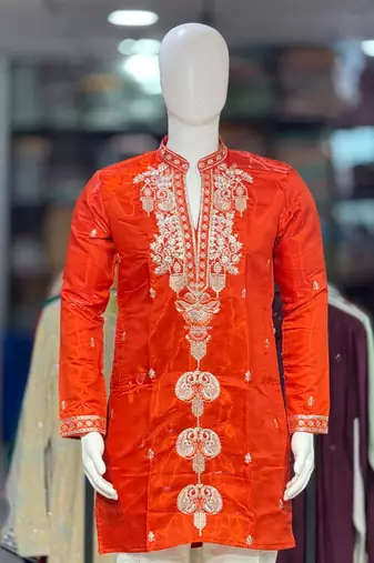 Orange embroidery work roman straight kurta