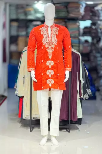 Orange embroidery work roman straight kurta