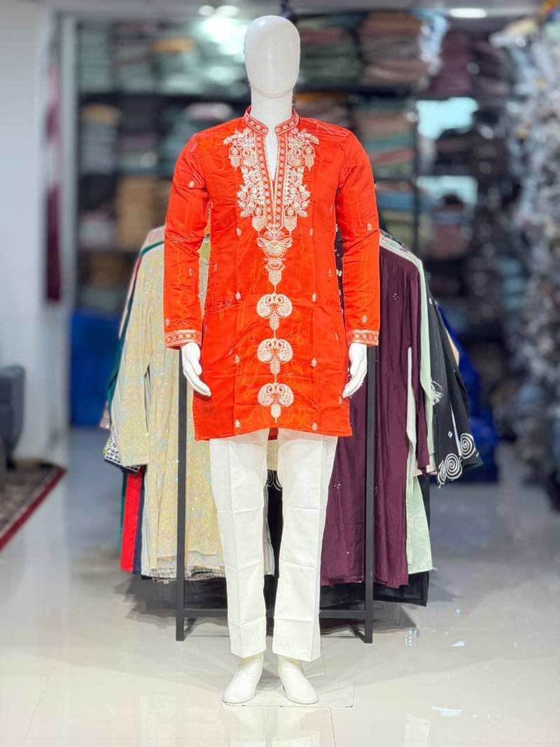 Orange embroidery work roman straight kurta