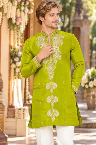 Parrot green embroidery work roman straight kurta