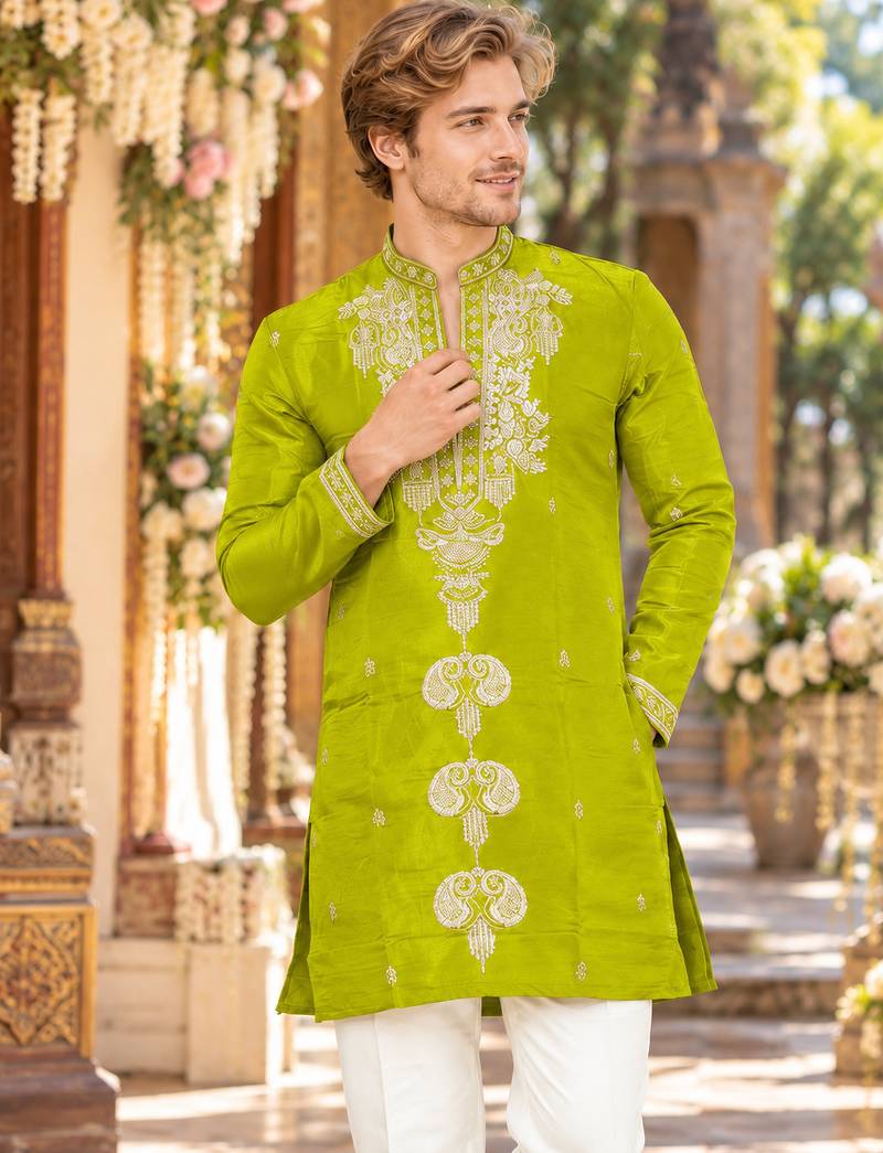 Parrot green embroidery work roman straight kurta