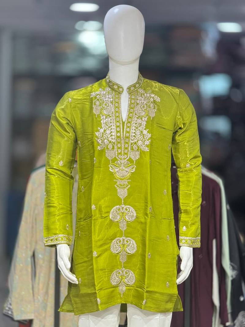 Parrot green embroidery work roman straight kurta