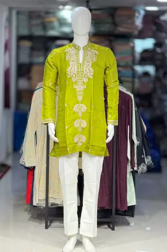 Parrot green embroidery work roman straight kurta