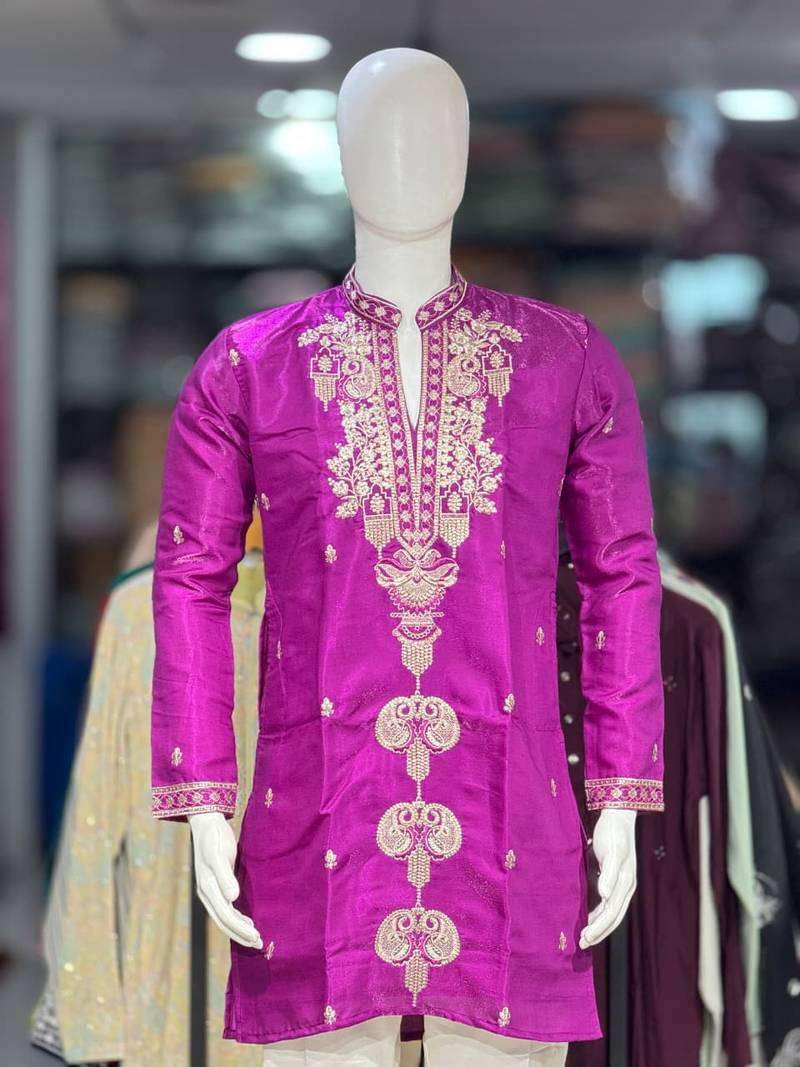 Purple embroidery work roman straight kurta