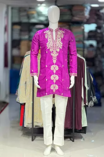 Purple embroidery work roman straight kurta